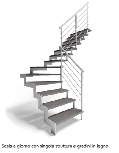 Scala a giorno con doppia struttura, gradini in legno e ringhiera R13